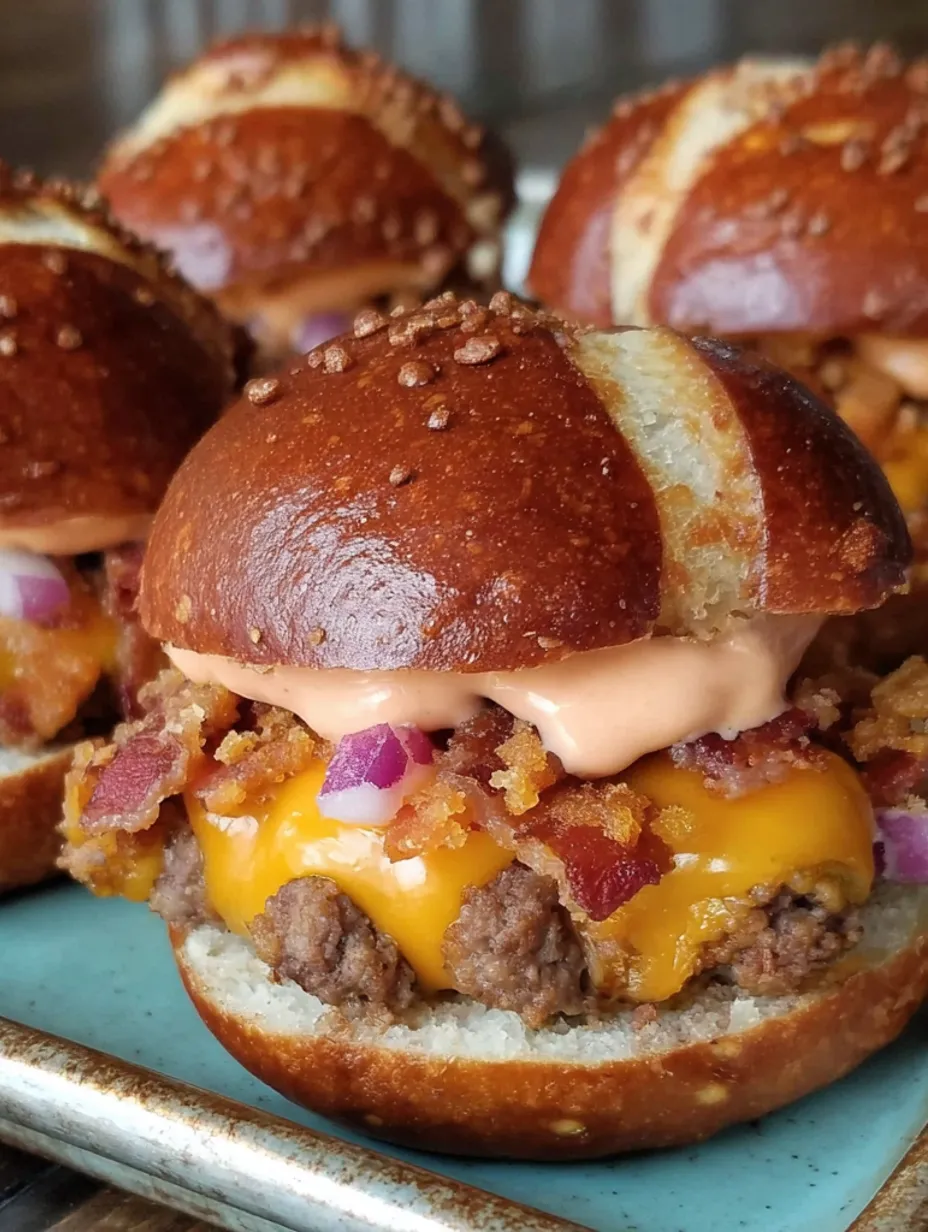 Bacon cheeseburger pretzel sliders.