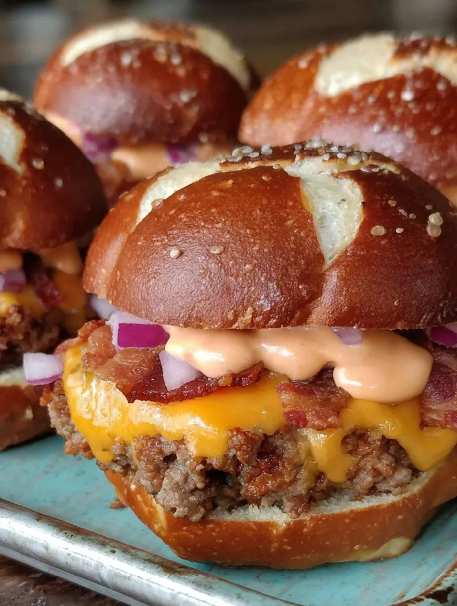 Bacon cheeseburger pretzel sliders.