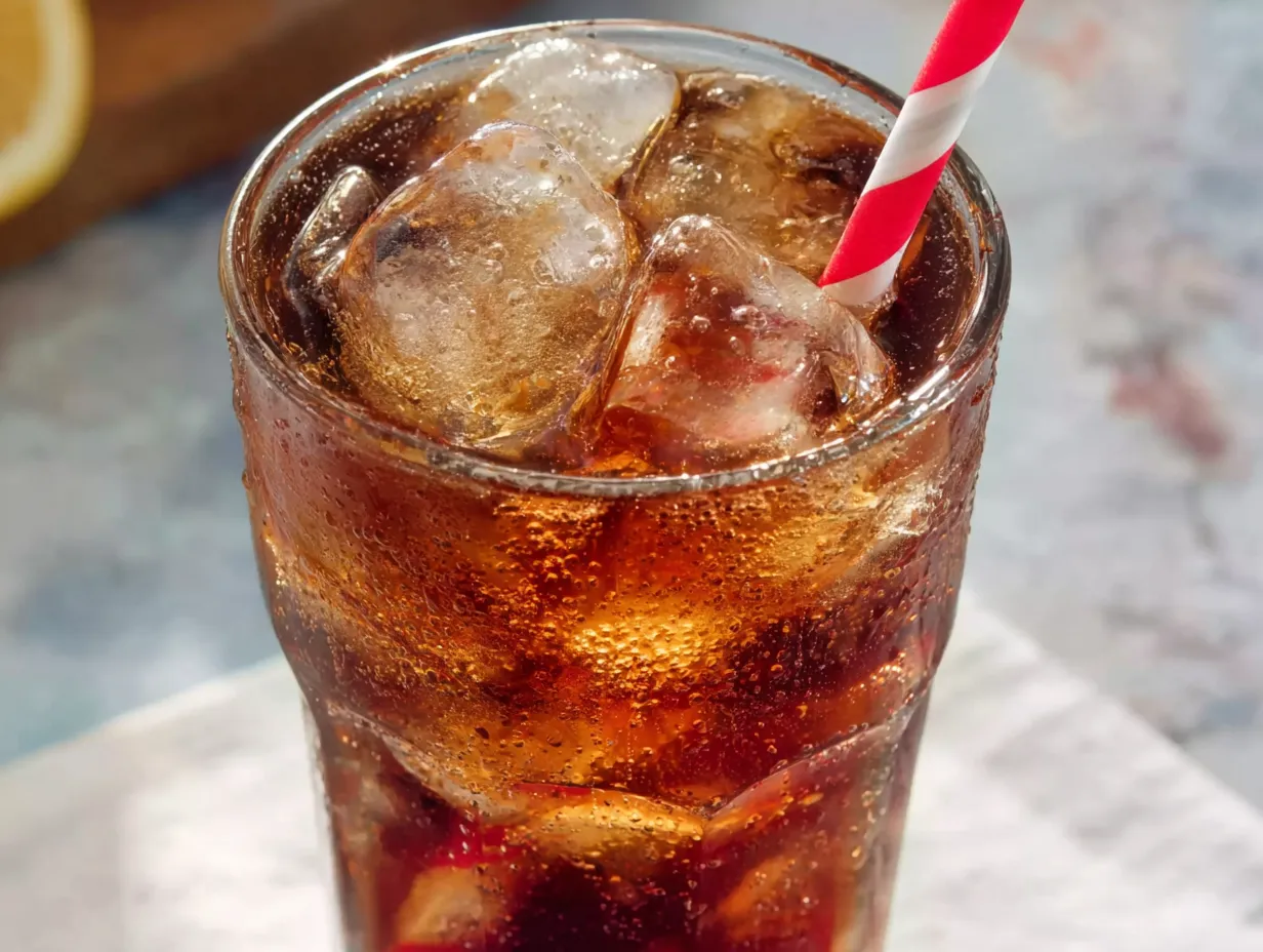 A glass of soda with ice and a straw.