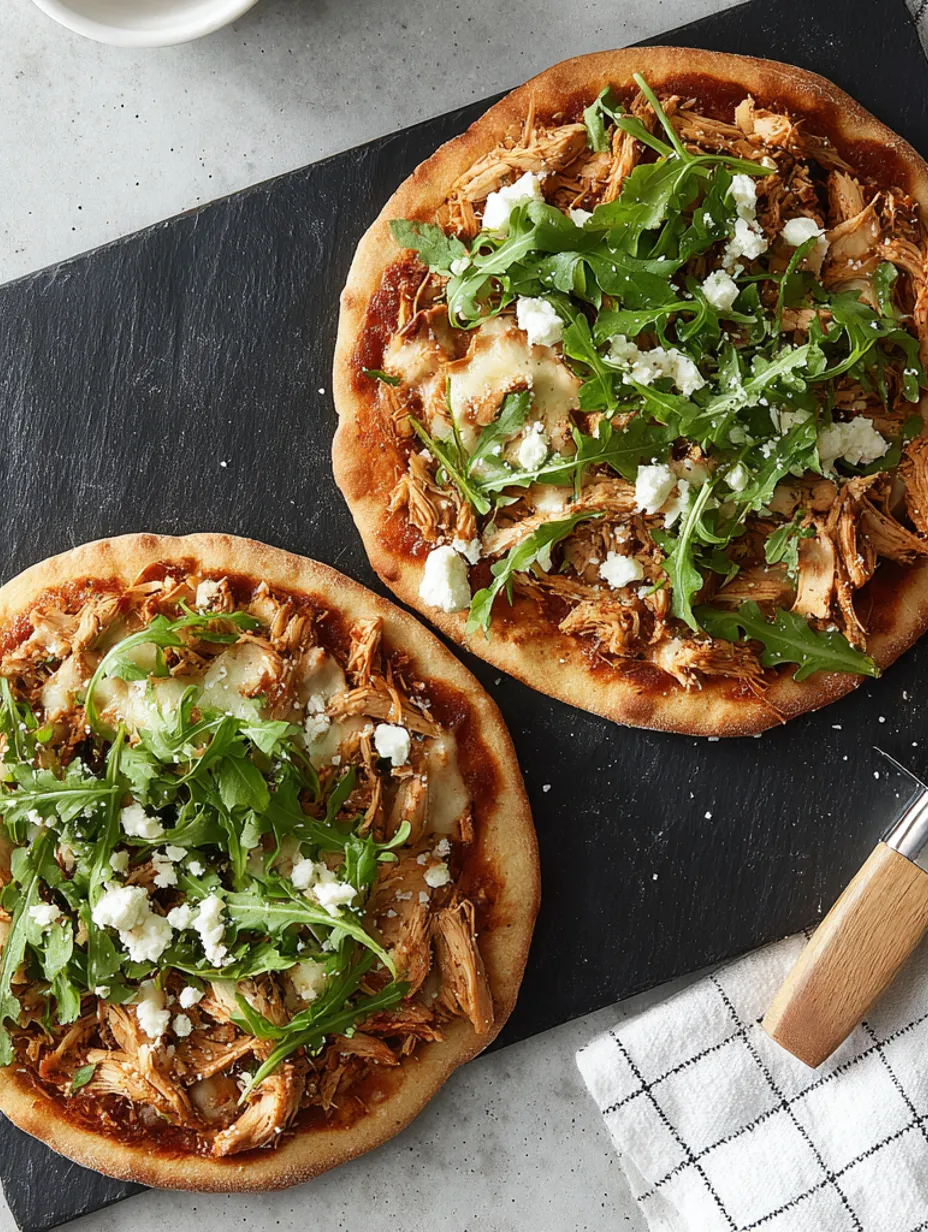 Two flatbreads with chicken and pesto.