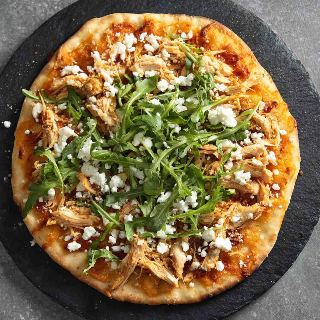 A pizza with chicken and pesto on it.