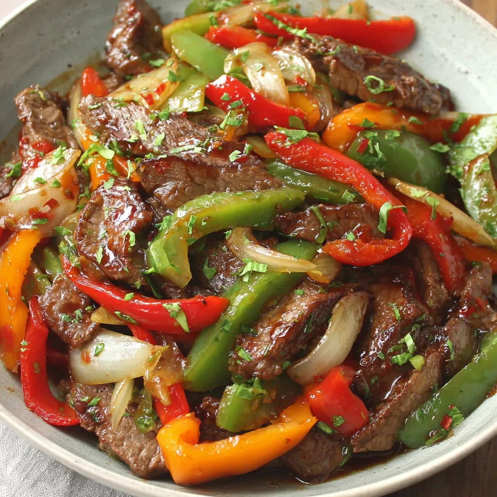 A bowl of beef and peppers.