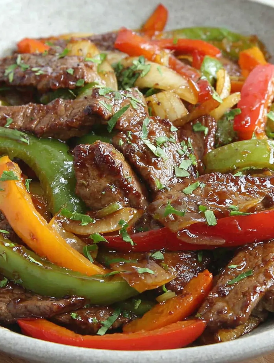 A close up of a savory Chinese pepper steak.