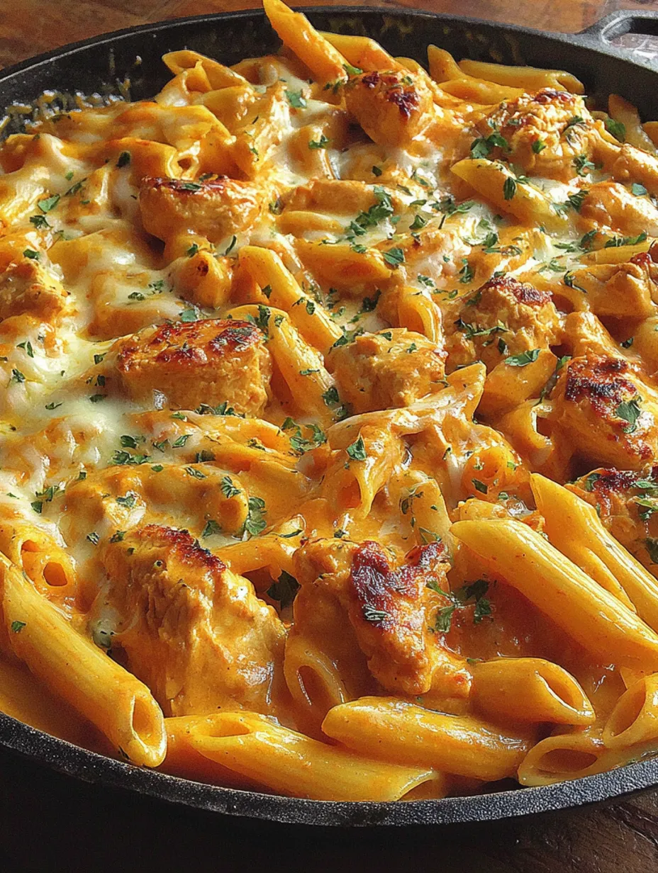 A skillet of cheesy pasta with chicken.