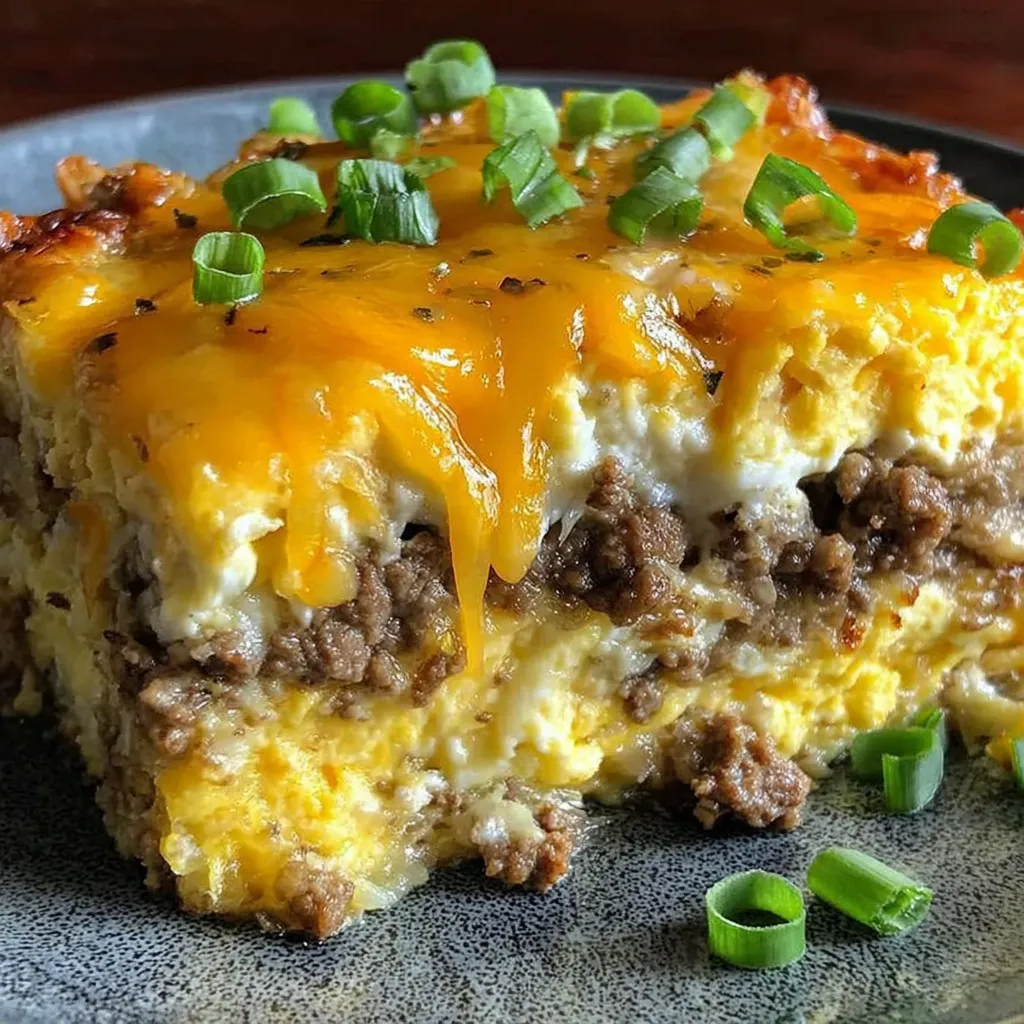 A slice of sausage, egg, and cream cheese casserole.