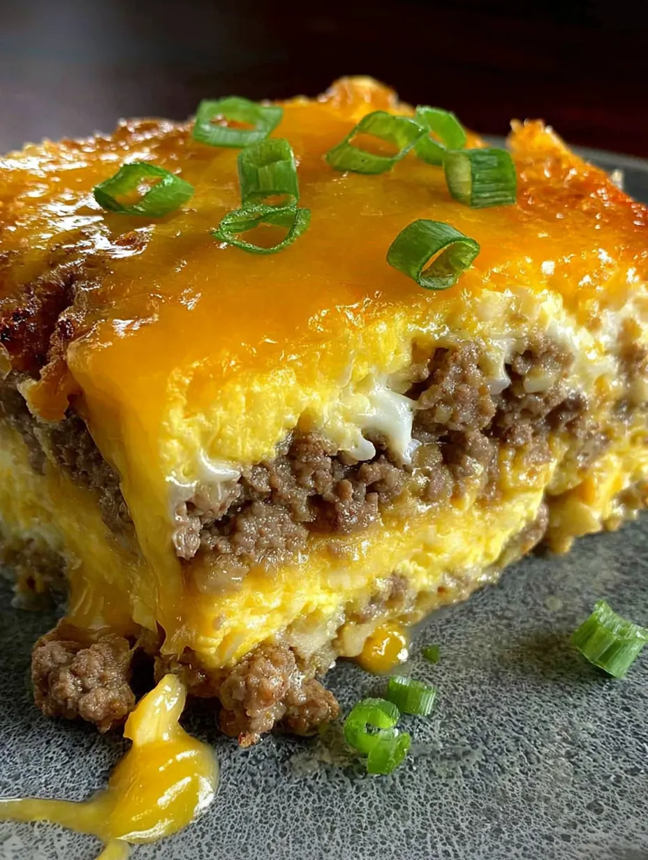 A slice of sausage, egg, and cream cheese casserole.