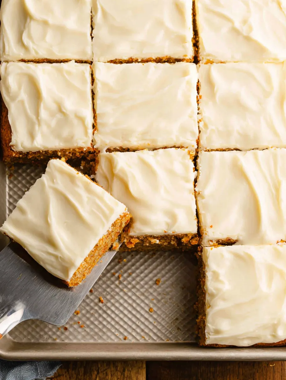 A close up of a pumpkin bar with cream cheese frosting.