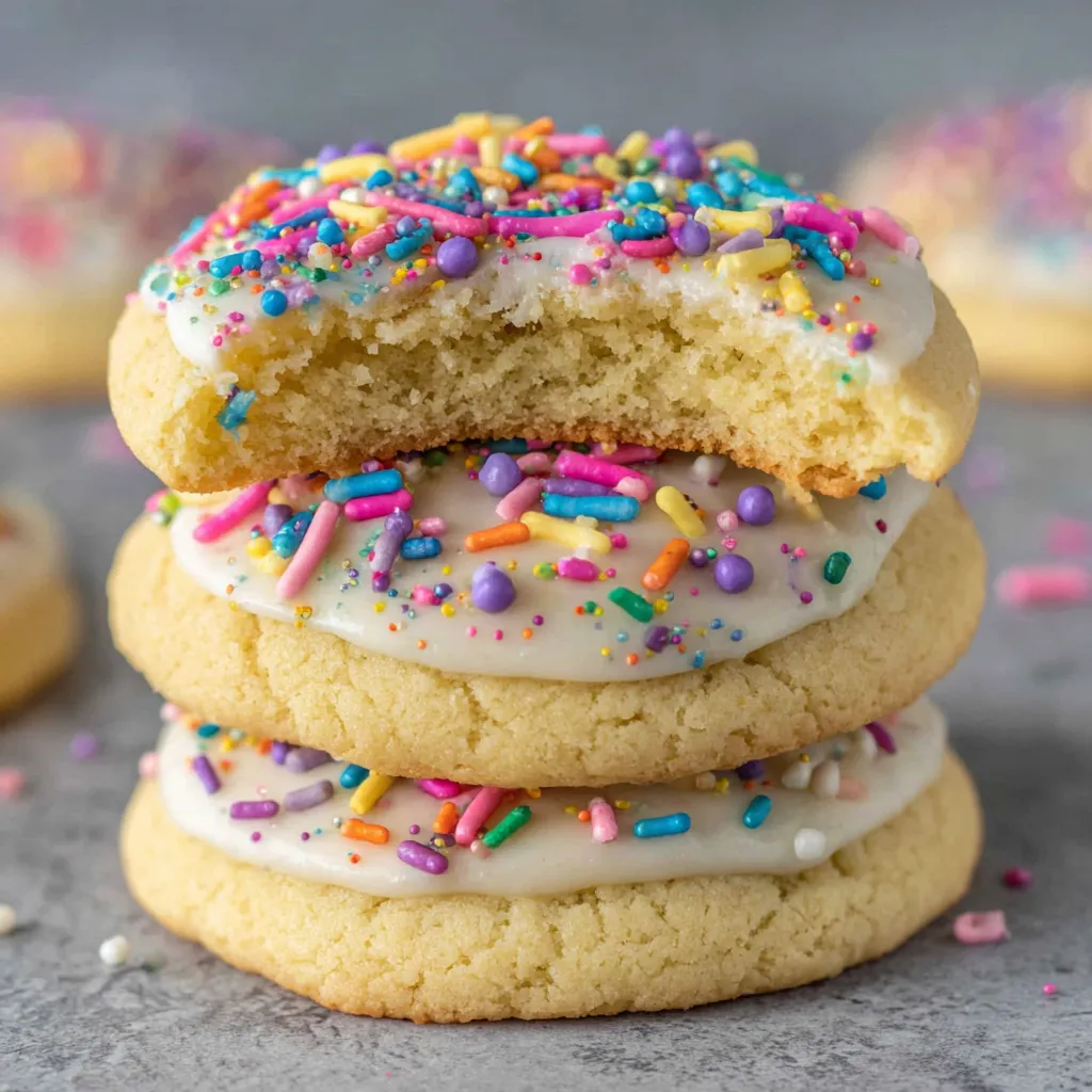 A stack of sugar cookies with sprinkles.