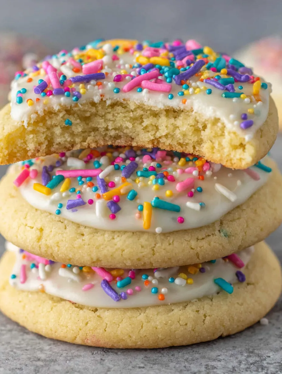A stack of sugar cookies with sprinkles on top.