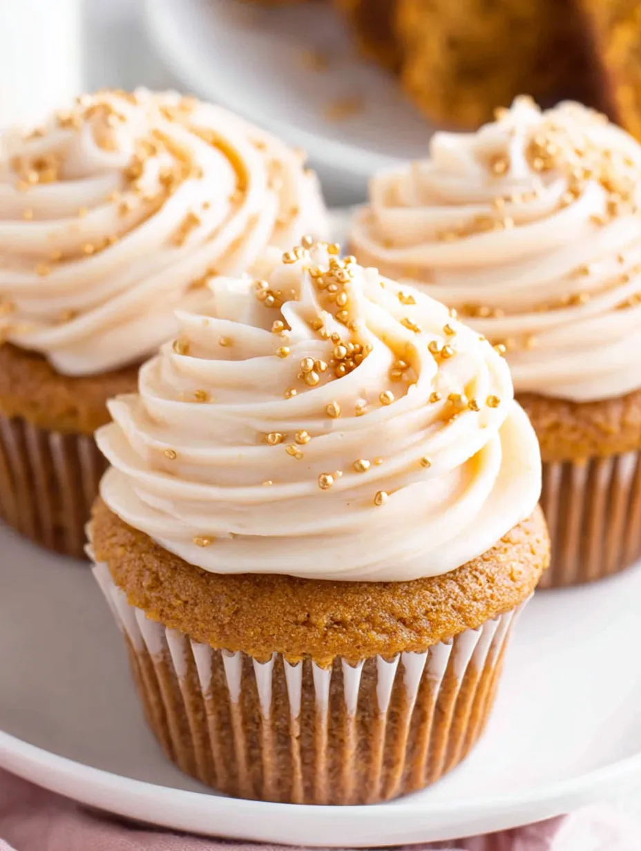 Two moist pumpkin cupcakes with gold sprinkles.