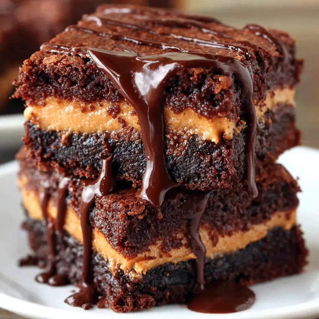 A stack of brownies with chocolate drizzled on top.