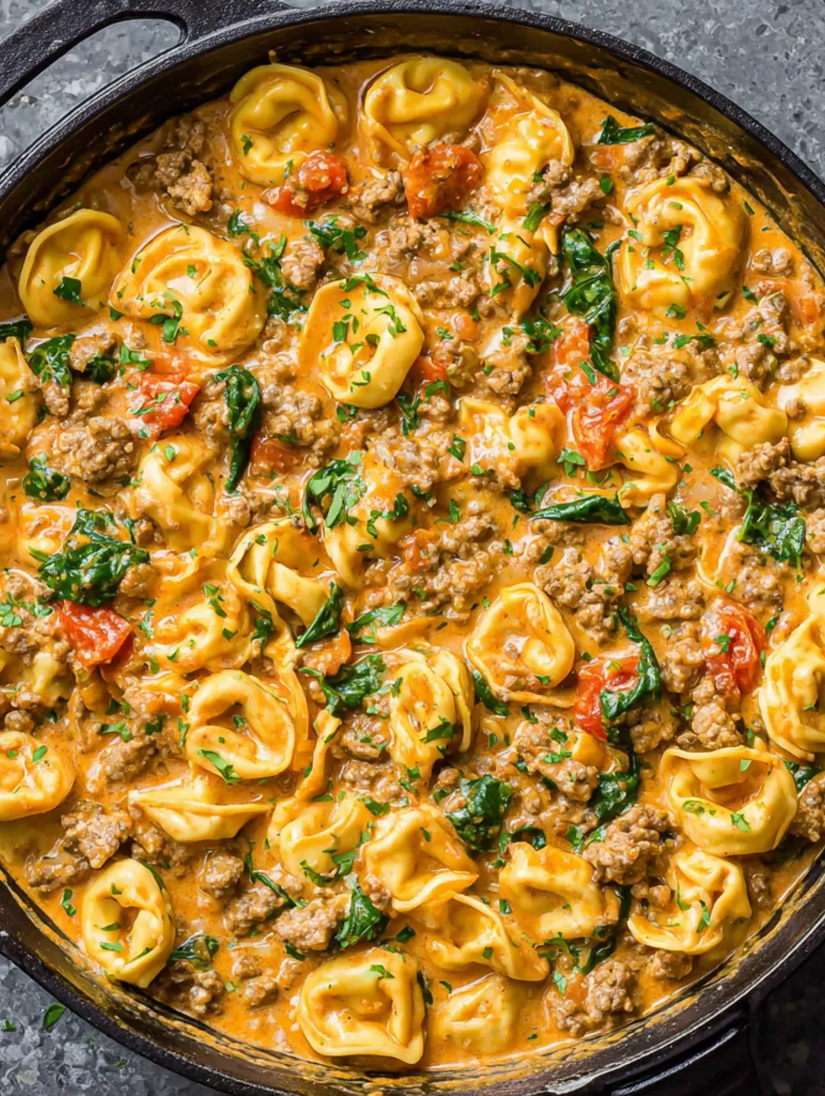 A bowl of creamy spinach tomato tortellini.