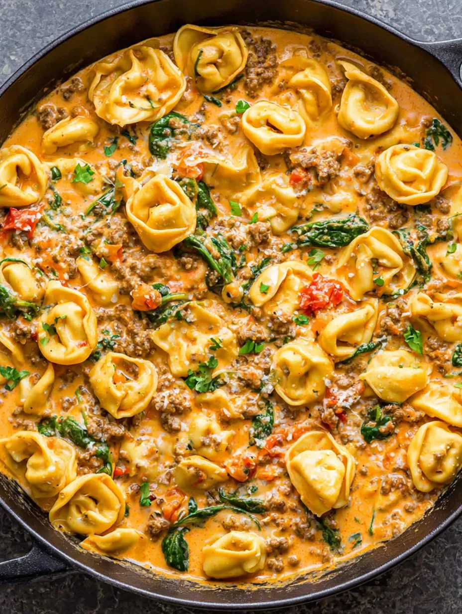 A close up of a creamy spinach tomato tortellini dish.