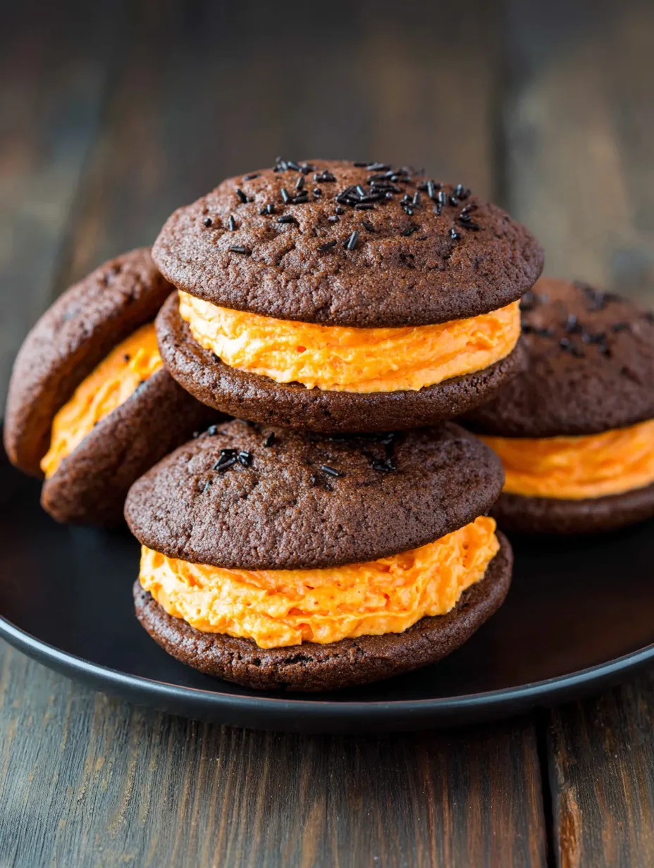 Halloween Whoopie Pies stacked on a plate.