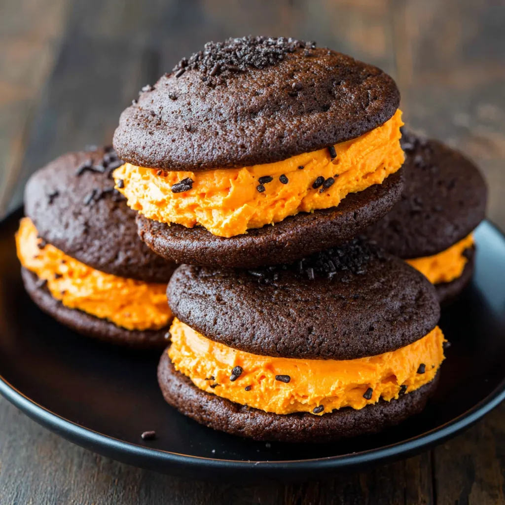 A plate of Halloween whoopie pies.