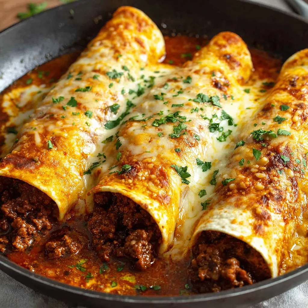A plate of beef enchiladas with red sauce.