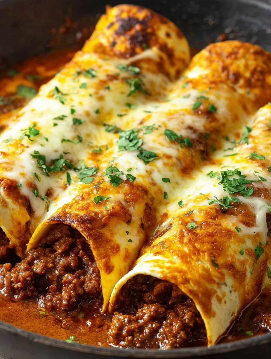 A plate of beef enchiladas with red sauce.