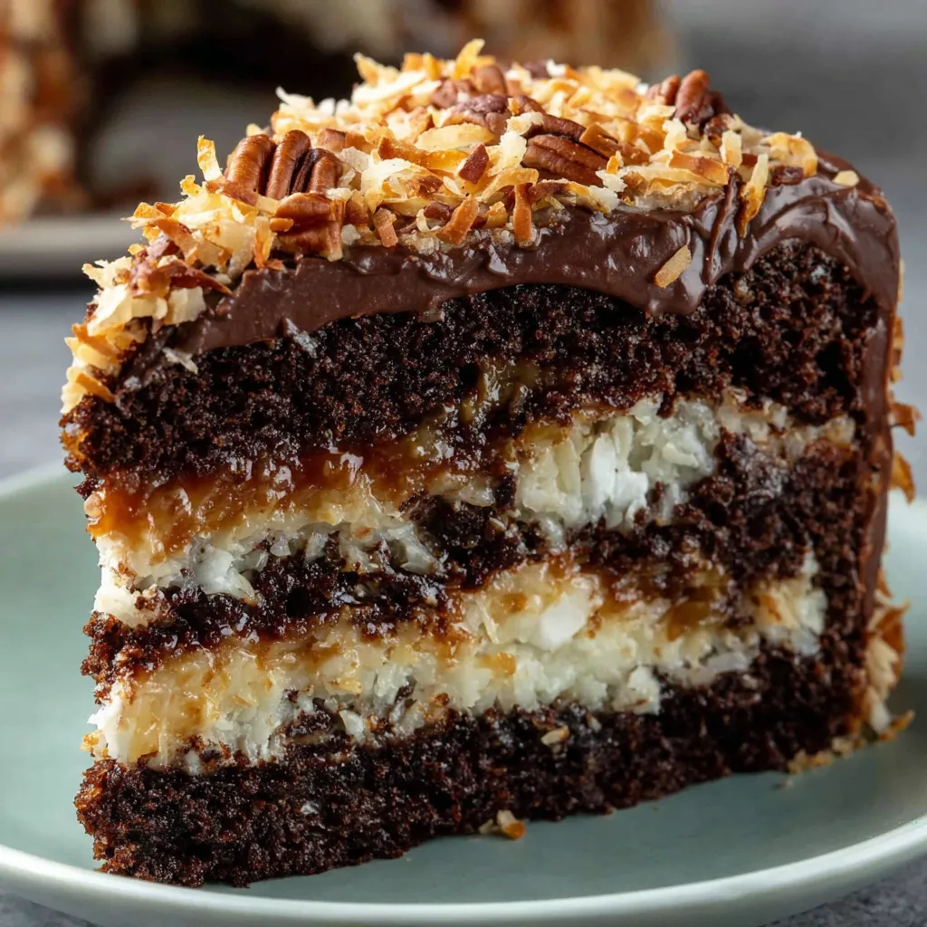 A slice of German chocolate cake with coconut and pecans.