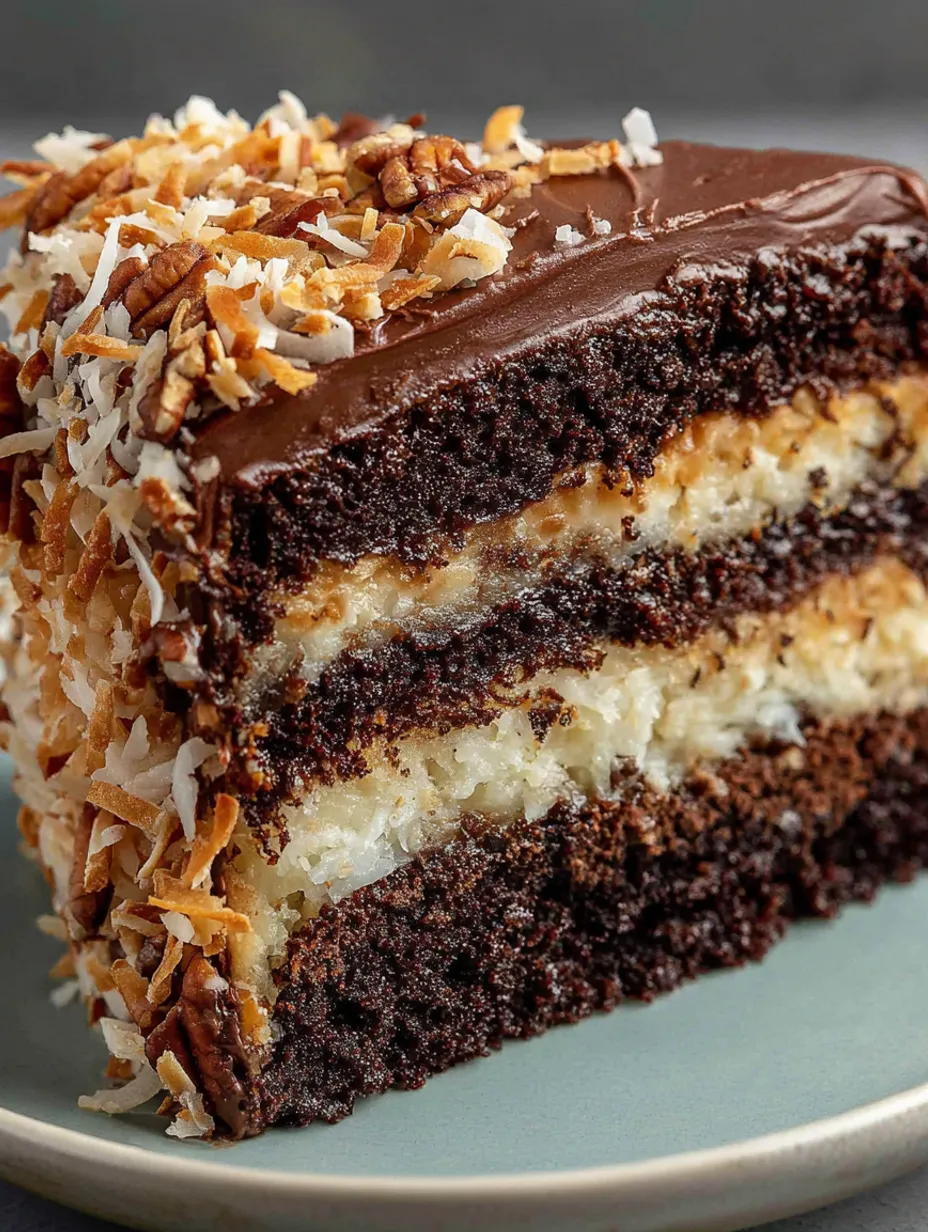A slice of German Chocolate Cake with coconut and pecans.