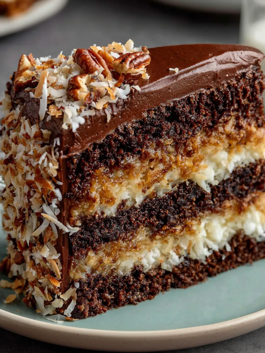 A slice of German chocolate cake with coconut and pecans.
