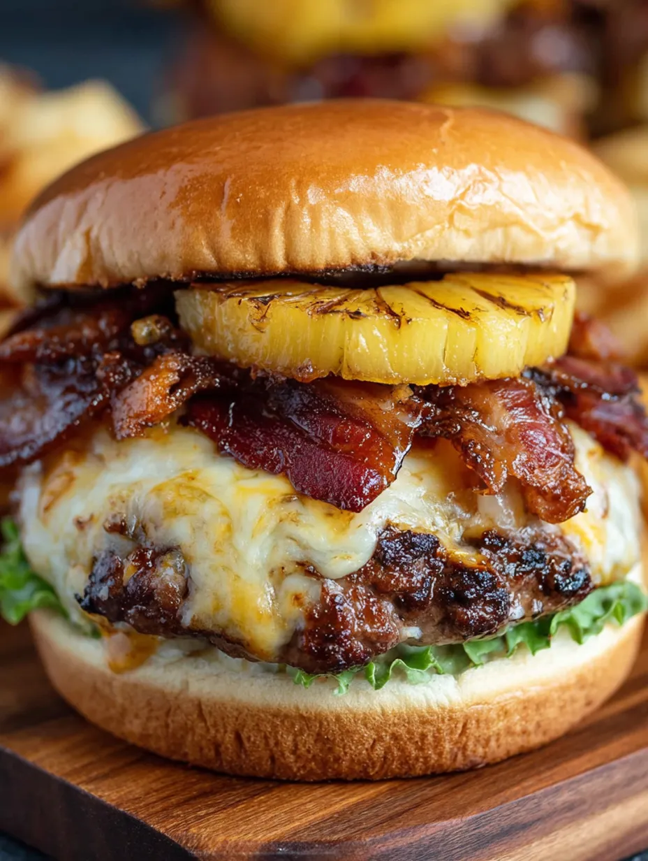 A burger with pineapple and bacon on top.