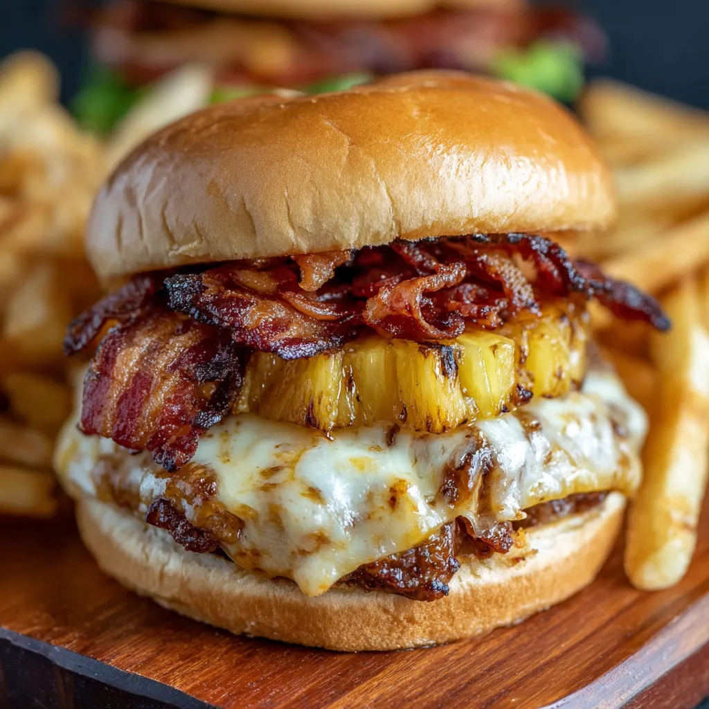 A pineapple bacon burger with fries.