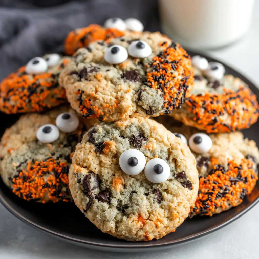 Halloween chocolate chip cookies on a plate.