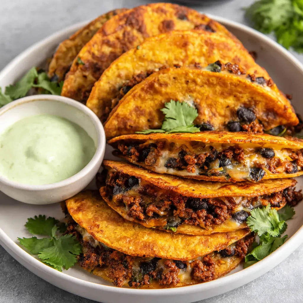 A plate of crispy baked ground turkey tacos with avocado sauce.
