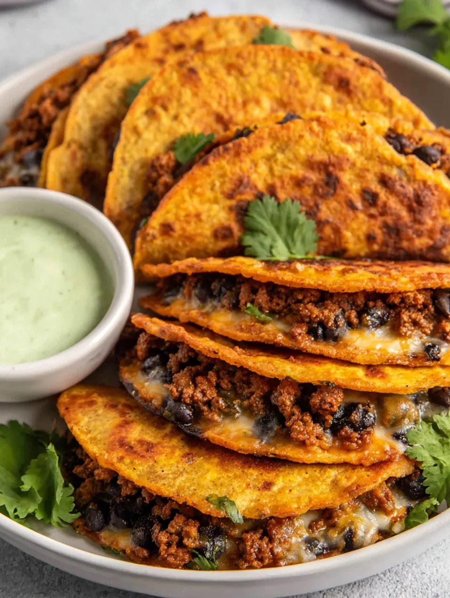 A plate of crispy baked ground turkey tacos with avocado sauce.