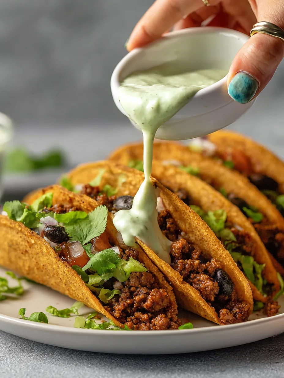A person is pouring sauce on a plate of tacos.