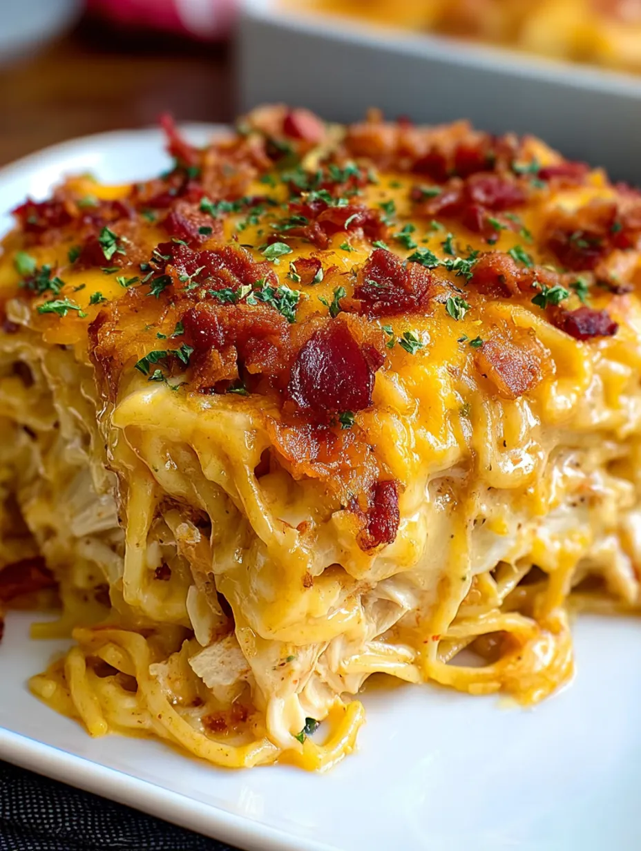 A plate of spicy southern cheesy chicken spaghetti casserole.
