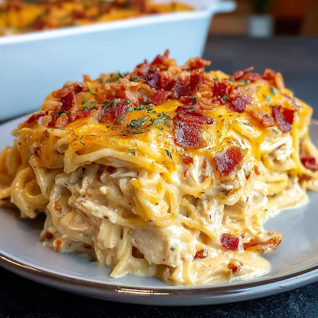A plate of Spicy Southern Cheesy Chicken Spaghetti Casserole.
