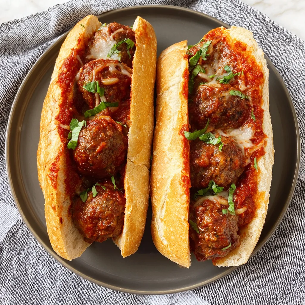 Two meatball subs with sauce and cheese.