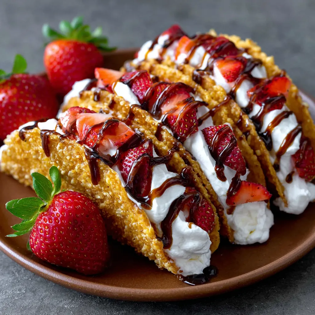 A plate of strawberry crunch cheesecake tacos.