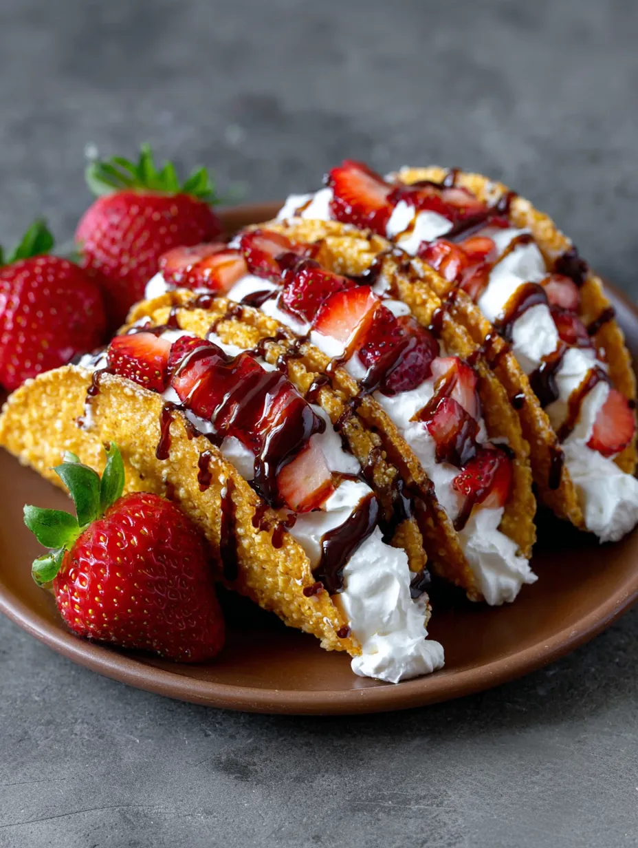 A plate of strawberry crunch cheesecake tacos.