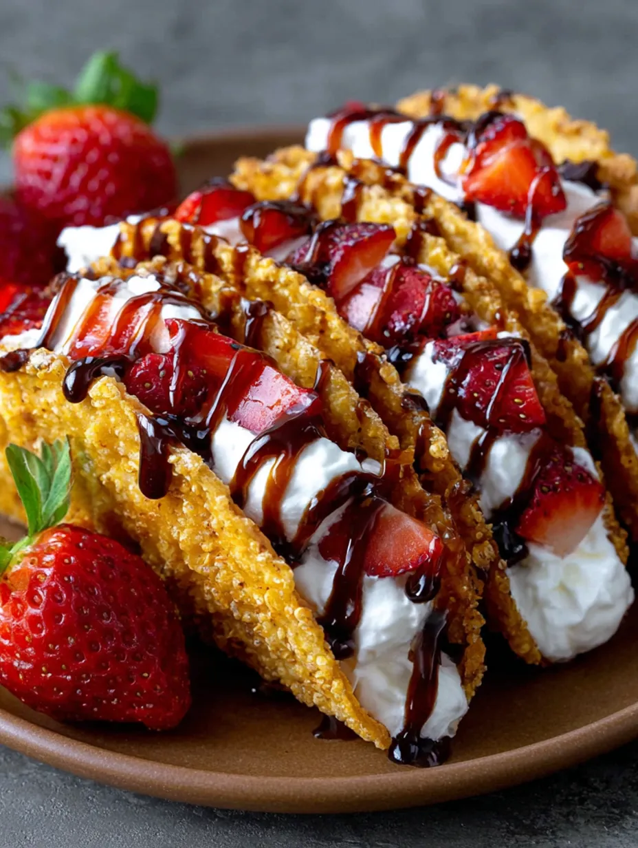 A plate of strawberry crunch cheesecake tacos.