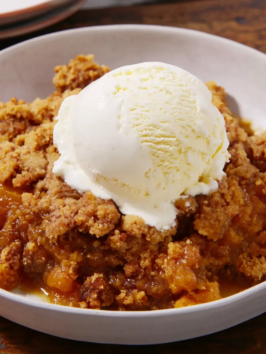A bowl of pumpkin cobbler with a scoop of ice cream on top.