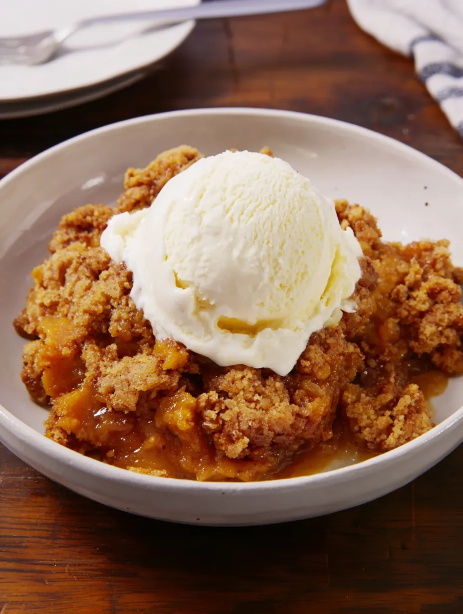 A bowl of pumpkin cobbler with a scoop of ice cream on top.