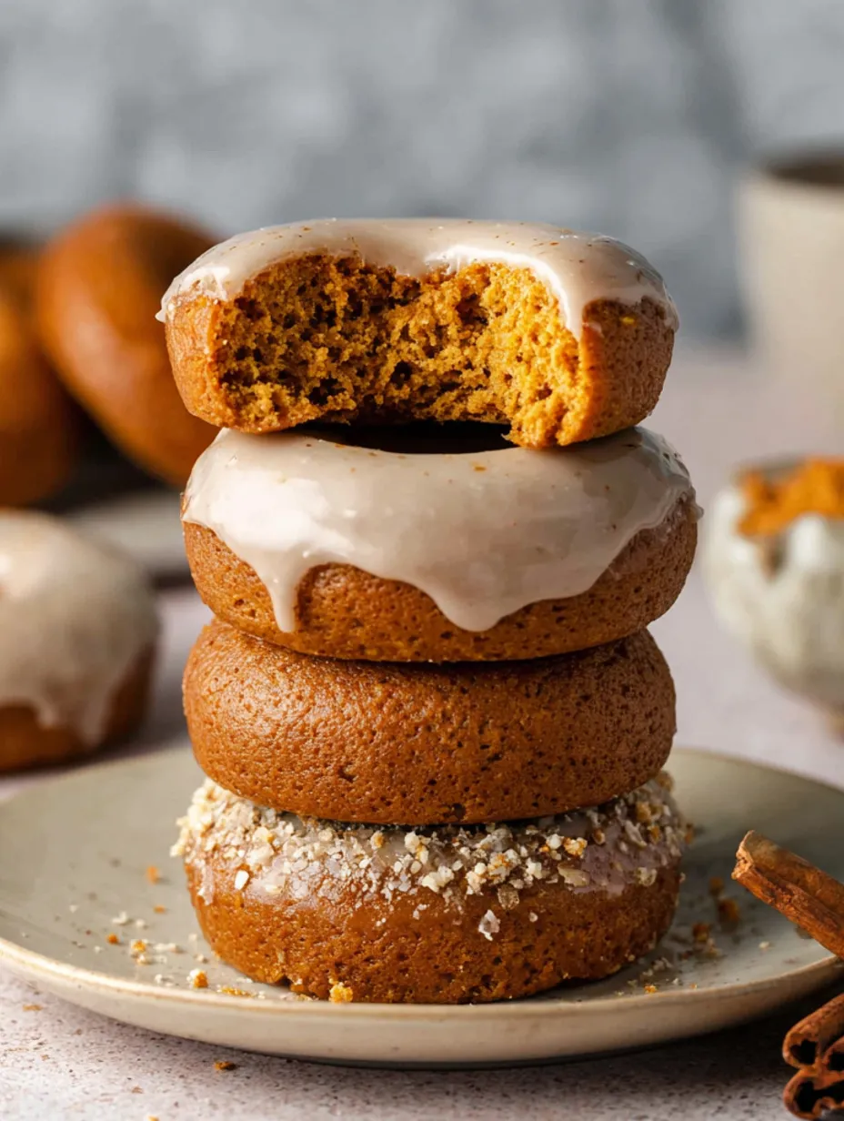 Three stacked pumpkin donuts with icing.