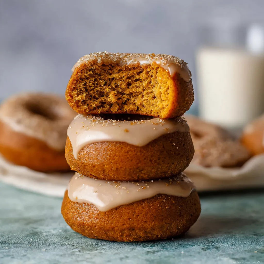 Three stacked baked pumpkin donuts with a drizzle of caramel.