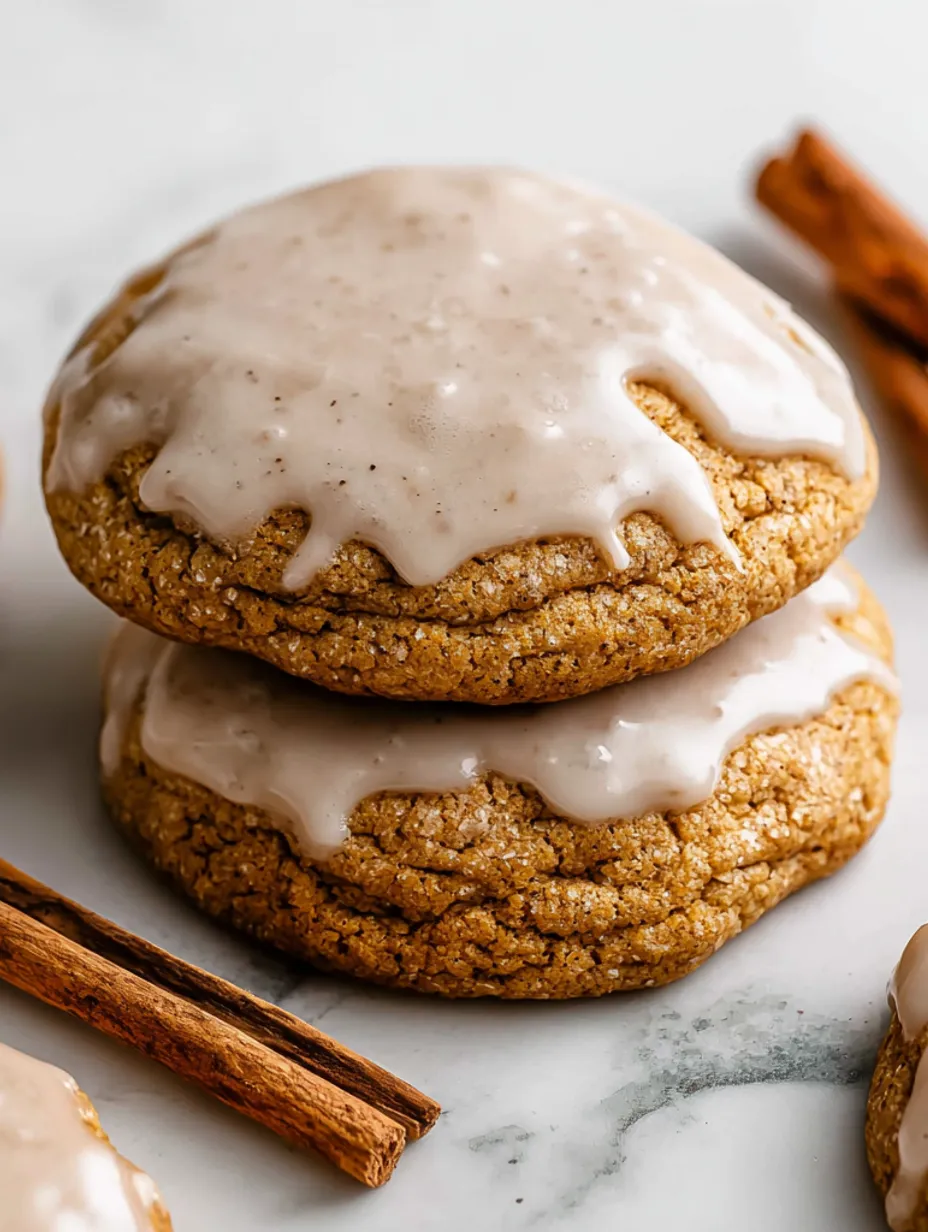 Two pumpkin spice cookies stacked on a table.