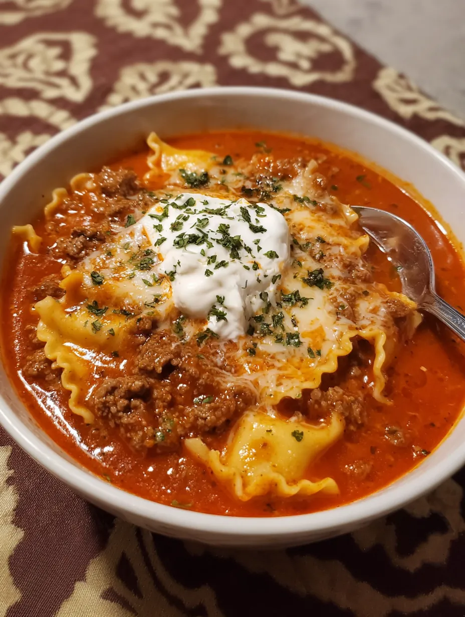 A bowl of lasagna soup with a spoon in it.