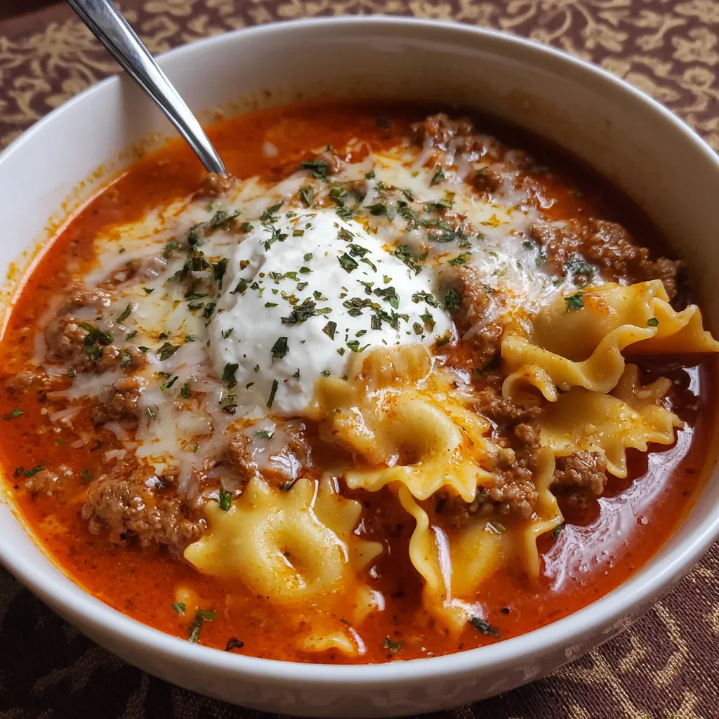 A bowl of lasagna soup with a spoon in it.