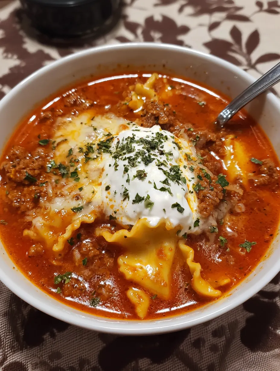 A bowl of lasagna soup with a spoon in it.