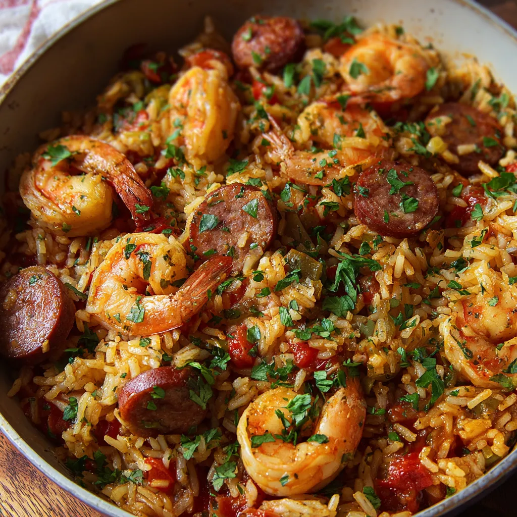 A one-pot jambalaya with shrimp, sausage, and rice.