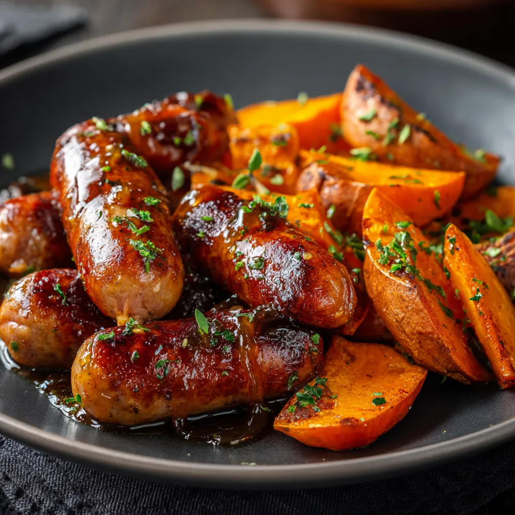 A plate of sausage and sweet potatoes with honey garlic sauce.