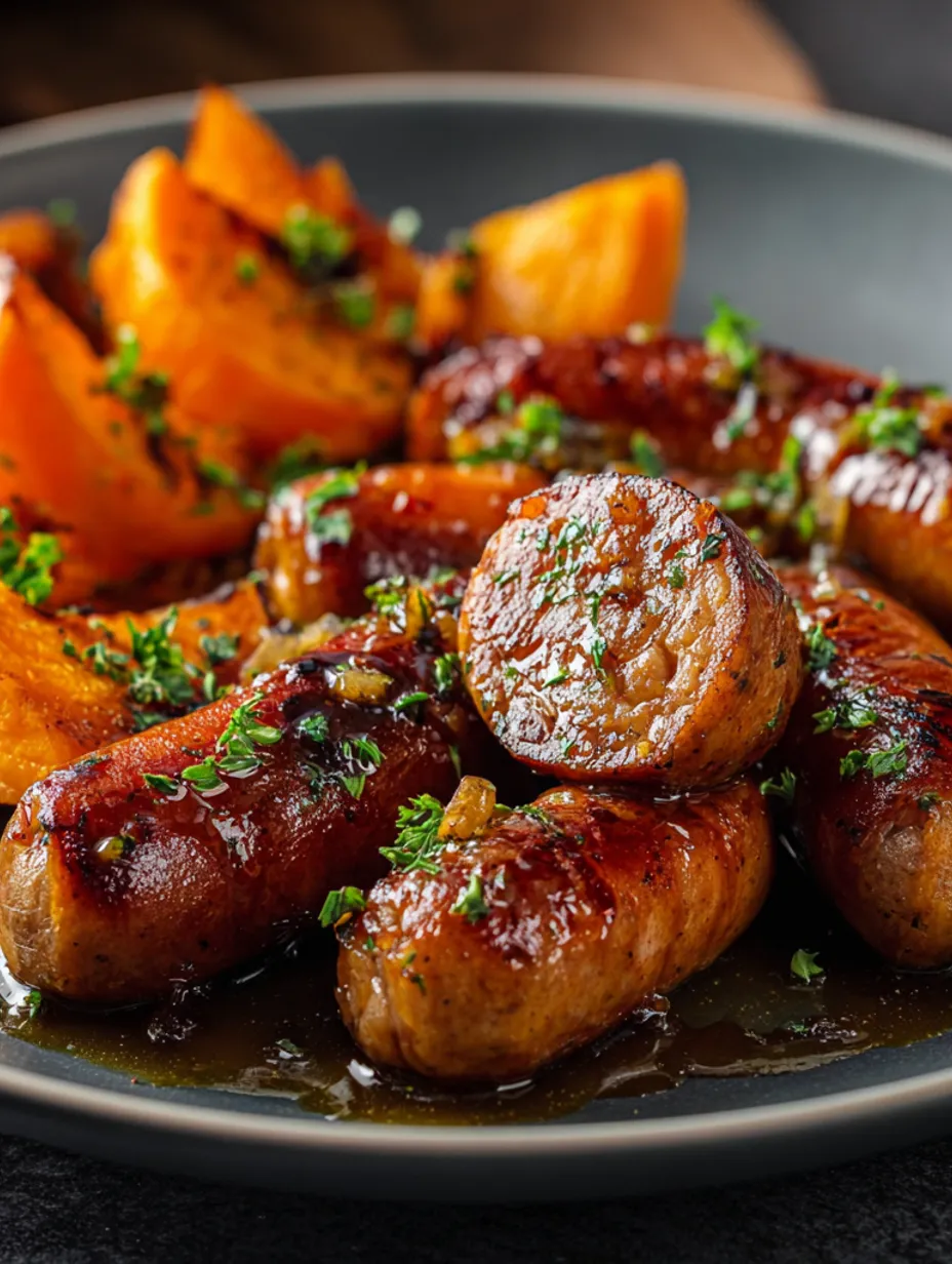 Sausage and sweet potatoes with honey garlic sauce.