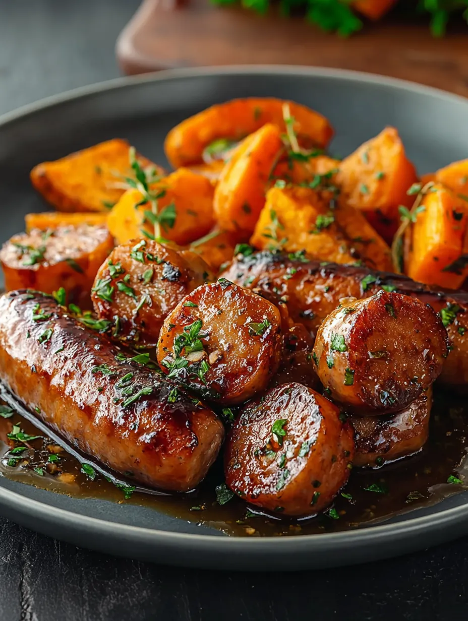 A plate of sausage and sweet potatoes with honey garlic sauce.