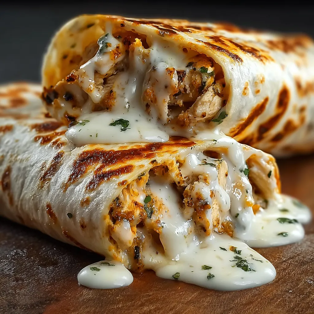 A close up of a delicious cheesy garlic chicken wrap.