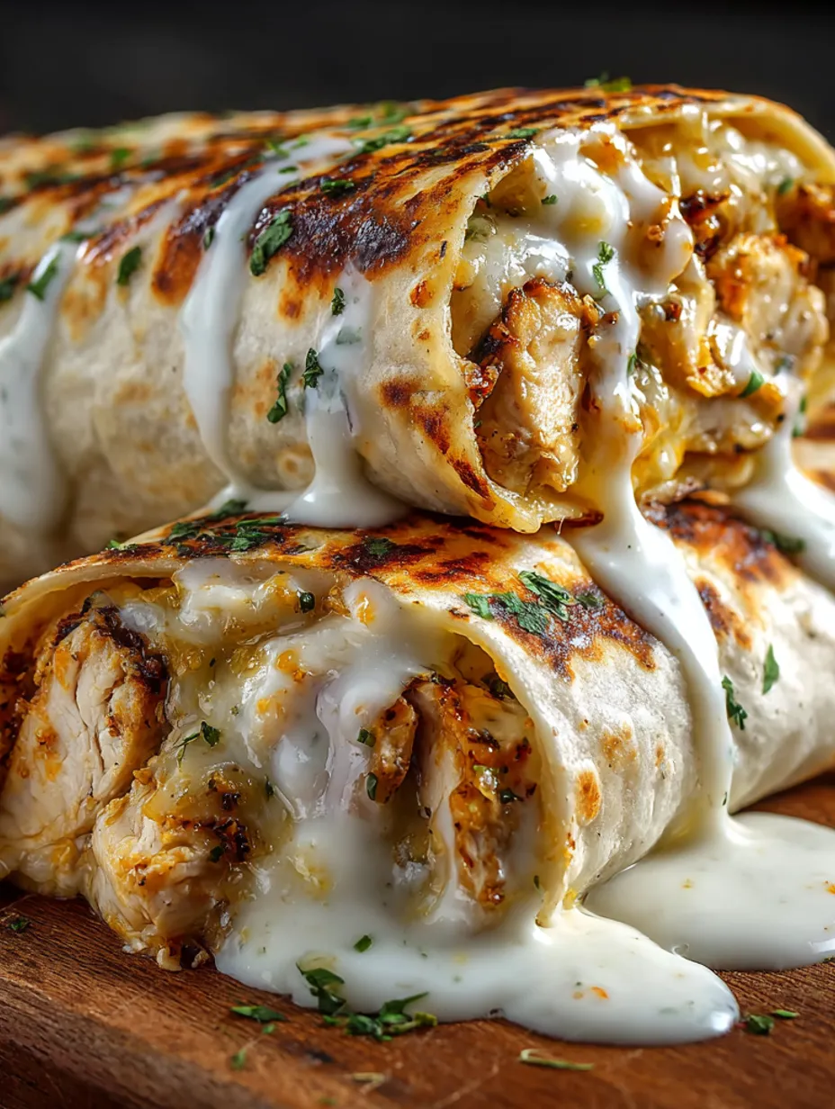 A close up of a delicious garlic chicken wrap.